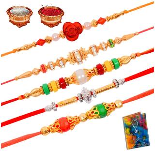 Purvani Rakhi Exclusive Designer Rakhi (Pack of 5) with Roli Chawal & Rakhi Card