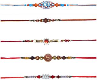 Purvani Rakhi Set Multicolor pack of 5 Designer Rakhi with Pooja Accesory