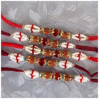 Purvani Set of  5 Designer Rakhi for Rakshabandhan with Rakhi Card & Roli Chawal