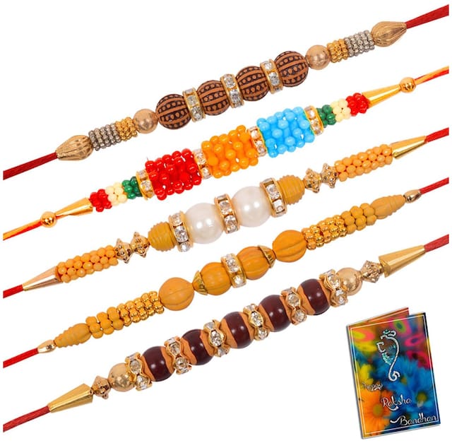 Purvani Set of  5 Stone & Pearl Rakhi /  Rakhi for Brother with Rakshabandhan Card & Roli Chawal