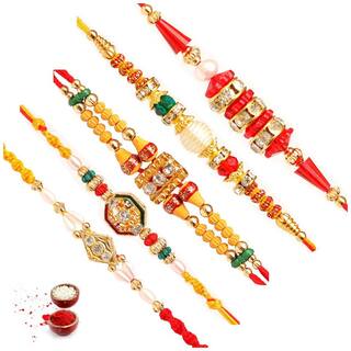 Purvani Set of  5 Rakhi / Rakhi for Rakshabandhan / Rudrakash / OM / Ganesh / Swastik / Crystal with Rakhi Card & Roli Chawal
