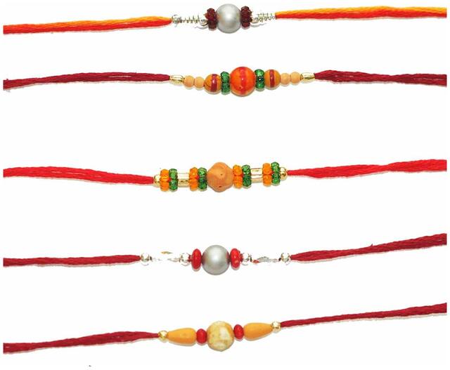 Purvani Set of  5 Stone & Pearl Rakhi /  Rakhi for Brother with Rakshabandhan Card & Roli Chawal