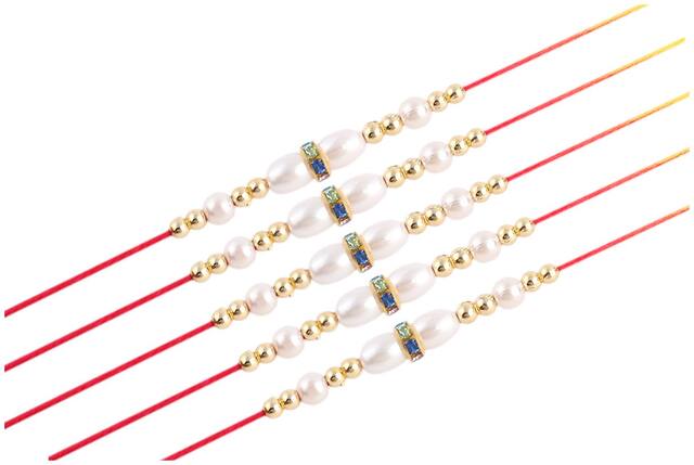 Purvani Set of  5 Stone & Pearl Rakhi /  Rakhi for Brother with Rakshabandhan Card & Roli Chawal
