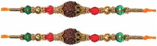 Purvani Set of 2 Rakhi /Pearl/Rudraksha/Om/Ganesh/Swastika/Crystal/Brother Rakhi with Rakhi Card & Roli Chawal