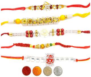 Purvani Set of  5 Rakhi / Rakhi for Rakshabandhan / Rudrakash / OM / Ganesh / Swastik / Crystal with Rakhi Card & Roli Chawal