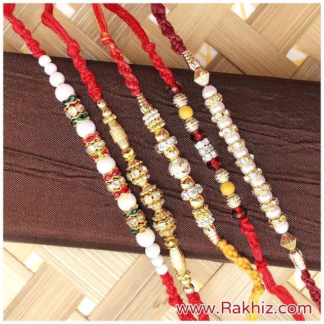 Purvani Set of  5 Stone & Pearl Rakhi /  Rakhi for Brother with Rakshabandhan Card & Roli Chawal