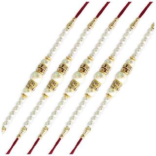 Purvani Set of  5 Stone & Pearl Rakhi / Rakhi for Brother with Rakshabandhan Card & Roli Chawal