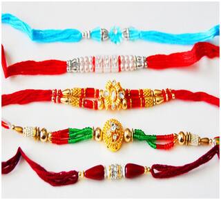 Purvani Set of  5 Designer Rakhi for Rakshabandhan with Rakhi Card & Roli Chawal