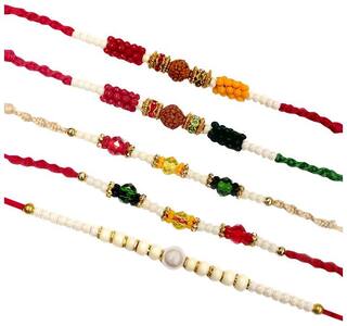 Purvani Set of  5 Rakhi / Rakhi for Rakshabandhan / Rudrakash / OM / Ganesh / Swastik / Crystal with Rakhi Card & Roli Chawal