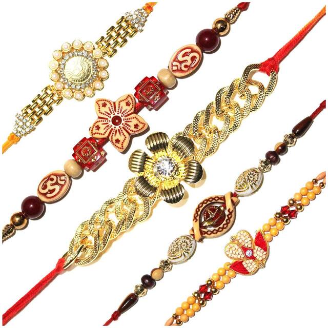 Purvani Set of 5 Rakhi / Rakhi for Brother with Rakhi Card & Roli Chawal