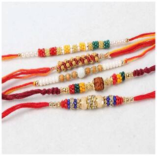 Purvani Set of  5 Rakhi / Rakhi for Rakshabandhan / Rudrakash / OM / Ganesh / Swastik / Crystal with Rakhi Card & Roli Chawal