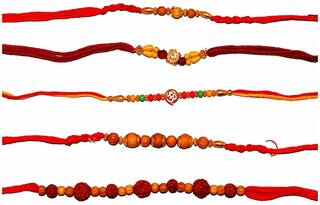 Purvani Set of  5 Stone & Pearl Rakhi /  Rakhi for Brother with Rakshabandhan Card & Roli Chawal