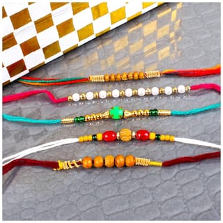 Purvani Set of  5 Designer Rakhi for Rakshabandhan with Rakhi Card & Roli Chawal