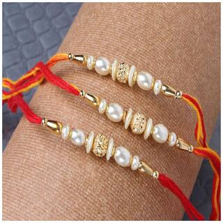 Purvani Set of 3 Rakhi /Pearl/Rudraksha/Om/Ganesh/Swastika/Crystal/ Rakhi for Brother with Rakhi Card & Roli Chawal