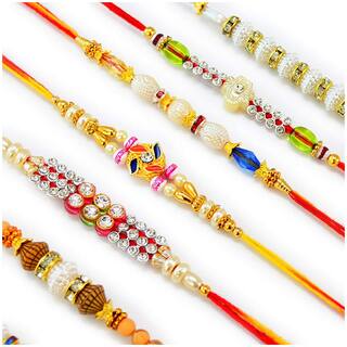 Purvani Set of 6 Rakhi /Pearl/Rudraksha/Om/Ganesh/Swastika/Crystal/ Rakhi for Brother with Rakhi Card & Roli Chawal