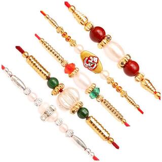 Purvani Set of  5 Designer Rakhi for Rakshabandhan with Rakhi Card & Roli Chawal