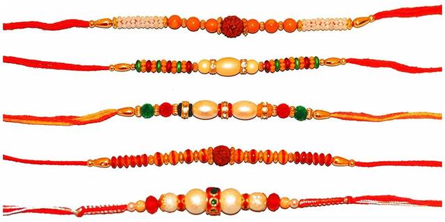 Purvani Set of  5 Rakhi / Rakhi for Rakshabandhan / Rudrakash / OM / Ganesh / Swastik / Crystal with Rakhi Card & Roli Chawal