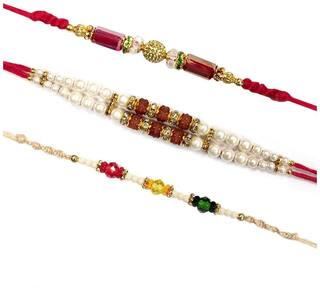 Purvani Set of 3 Rakhi /Pearl/Rudraksha/Om/Ganesh/Swastika/Crystal/ Rakhi for Brother with Rakhi Card & Roli Chawal