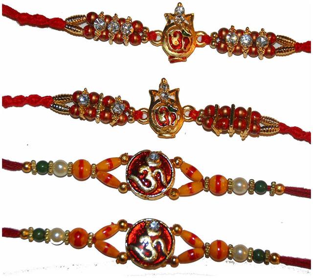 Purvani Set of 4 Rakhi /Pearl/Rudraksha/Om/Ganesh/Swastika/Crystal/ Rakhi for Brother with Rakhi Card & Roli Chawal