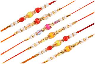 Purvani Set of 6 Rakhi /Pearl/Rudraksha/Om/Ganesh/Swastika/Crystal/ Rakhi for Brother with Rakhi Card & Roli Chawal