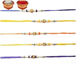 Purvani Set of  5 AD & Pearl Rakhi / Rakhi for Beloved Brother with Rakshabandhan Card & Roli Chawal