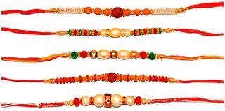 Purvani Set of  5 Designer Rakhi for Rakshabandhan with Rakhi Card & Roli Chawal