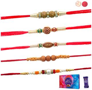Purvani Set of  5 Rakhi / Rakhi for Rakshabandhan / Rudrakash / OM / Ganesh / Swastik / Crystal with Rakhi Card & Roli Chawal