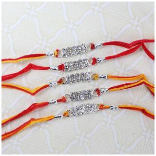 Purvani Set of  5 Rakhi / Rakhi for Rakshabandhan / Rudrakash / OM / Ganesh / Swastik / Crystal with Rakhi Card & Roli Chawal
