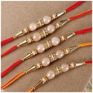 Purvani Set of  5 Rakhi / Rakhi for Rakshabandhan / Rudrakash / OM / Ganesh / Swastik / Crystal with Rakhi Card & Roli Chawal