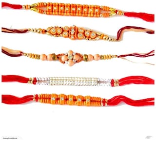 Purvani Set of  5 Designer Rakhi for Rakshabandhan with Rakhi Card & Roli Chawal