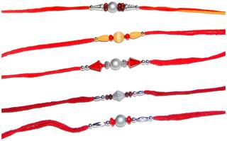 Purvani Set of  5 AD & Pearl Rakhi / Rakhi for Beloved Brother with Rakshabandhan Card & Roli Chawal
