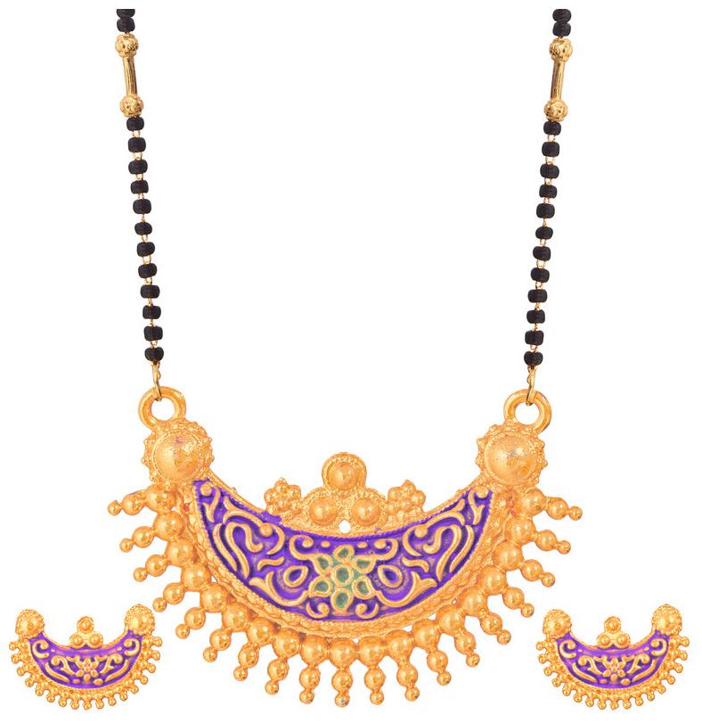 

Radhekrishna Golden Color Base Meena Kari Black And Golden Bead Combination Chain Mangalsutra With Earrings
