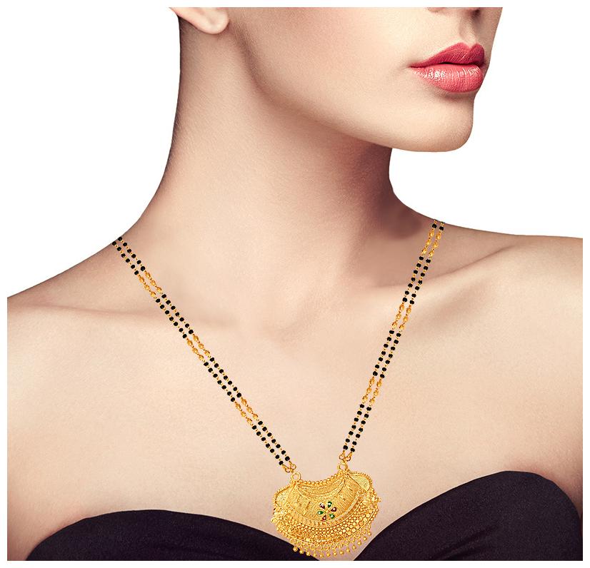 

Radhekrishna Golden Color Alloy Material Beautiful Long Fold Over Head 24 Inch Black And Golden Bead Combination Chain Mangalsutra