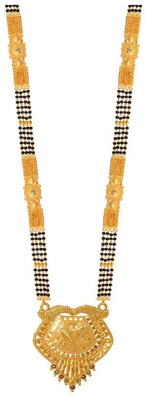 

Radhekrishna Golden Color Alloy Material Beautiful Fold Over Head 24 Inch Black And Golden Bead Combination 4 Line Kalkati Work Chain Mangalsutra