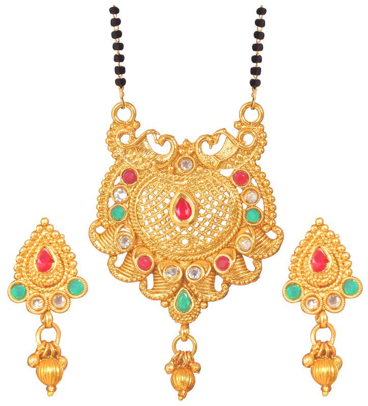 

Radhekrishna Golden Color Base Meena Kari Black And Golden Bead Combination Chain Mangalsutra With Earrings