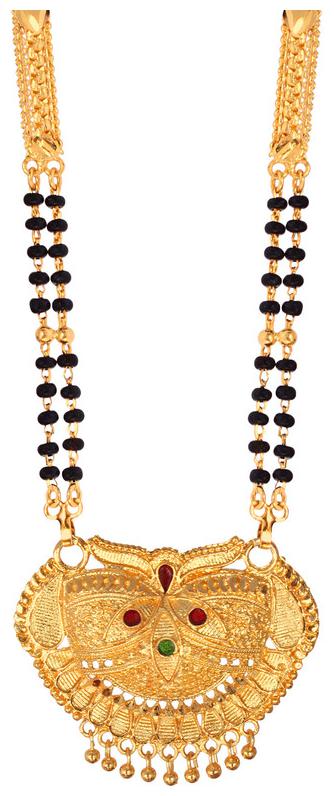 

Radhekrishna Golden Color Alloy Material Beautiful Long Fold Over Head 24 Inch Mangalsutra
