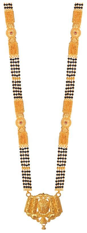 

Radhekrishna Golden Color Alloy Material Beautiful Fold Over Head 24 Inch Black And Golden Bead Combination 4 Line Kalkati Work Chain Mangalsutra