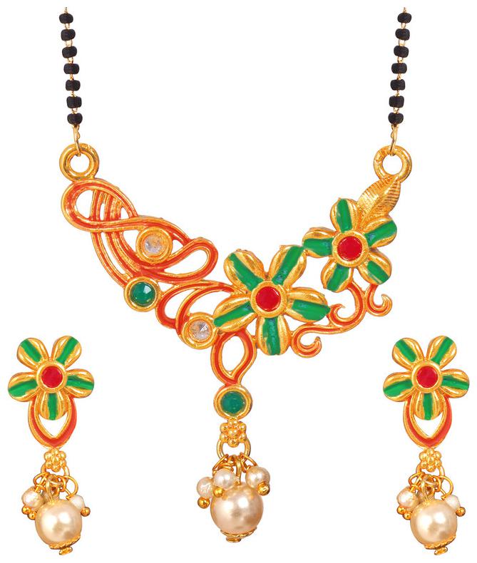 

Radhekrishna Golden Color Base Meena Kari Black And Golden Bead Combination Chain Mangalsutra With Earrings