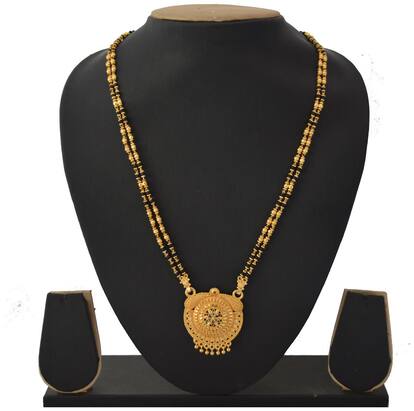 RADHEKRISHNA IMITATION golden color alloy material beautiful long 24 inch fold over ser and golden pendal mangalsutra