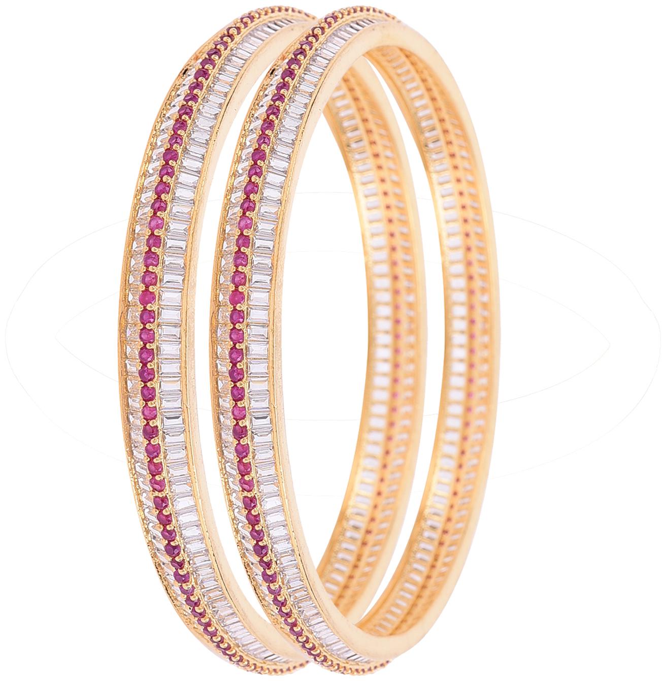 

Ratnavali Jewels Gold Plated Red White American Diamond Baguette Traditional Bangle For Women Girls Party 4021R