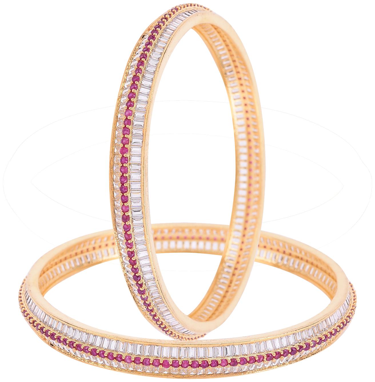 

Ratnavali Jewels Gold Plated Red White American Diamond Baguette Traditional Bangle For Women Girls Party 4021R