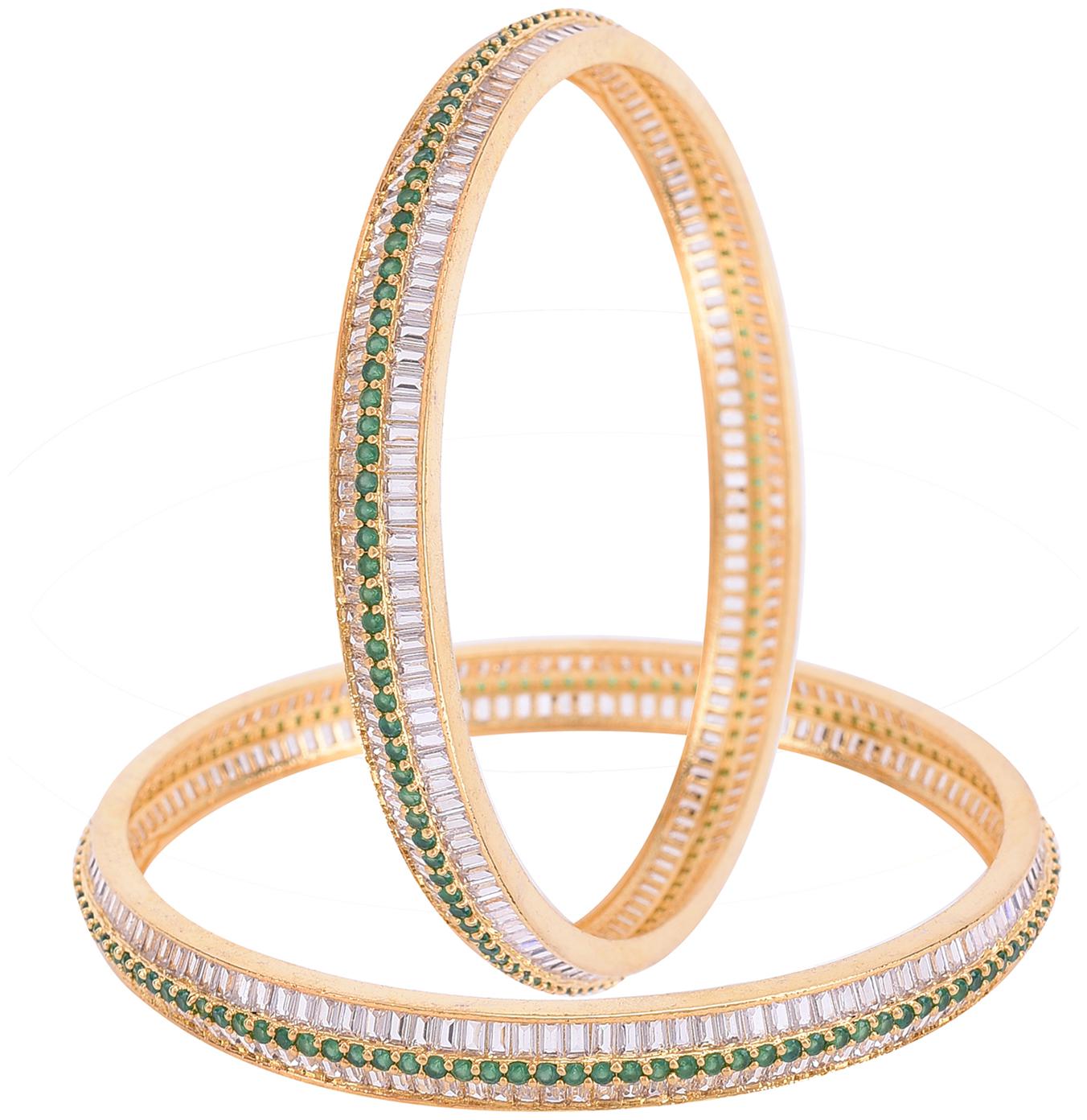 

Ratnavali Jewels Gold Plated Green White American Diamond Baguette Traditional Bangle For Women Girls Party 4021G