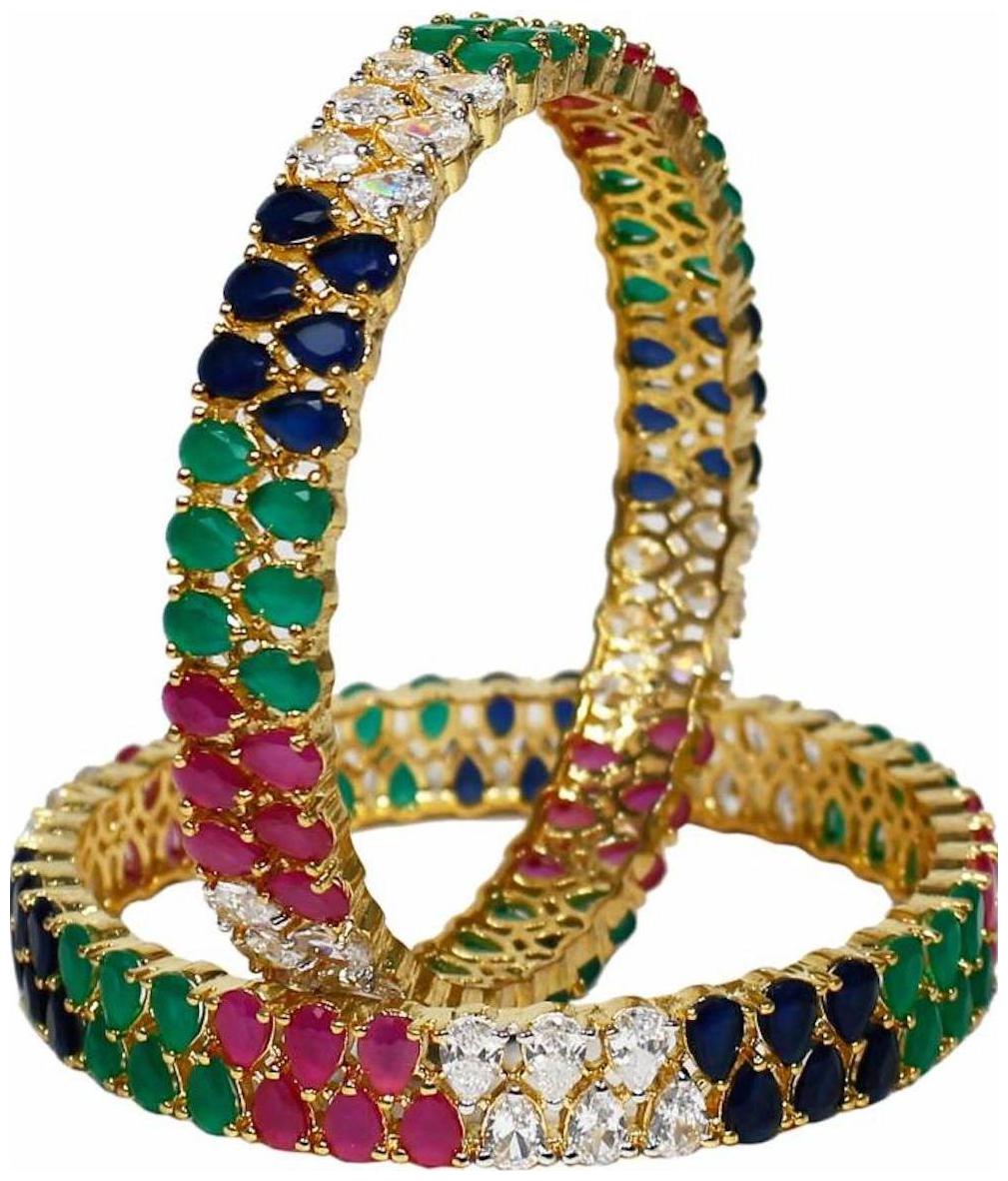 

Ratnavali jewels Beautiful CZ AD Studded Gold Plated Traditional Blue Green Red American Diamond Bangles Set for Women (RVA530)