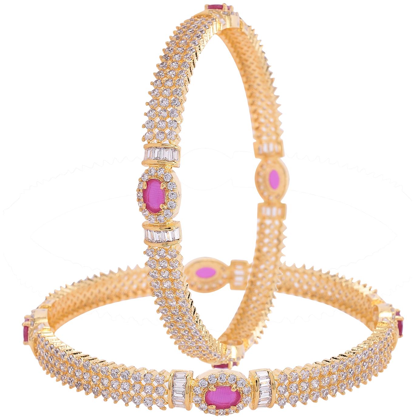 

Ratnavali Jewels Gold Plated Red White American Diamond Baguette Stone Traditional Bangle For Women Girls Party 4015R
