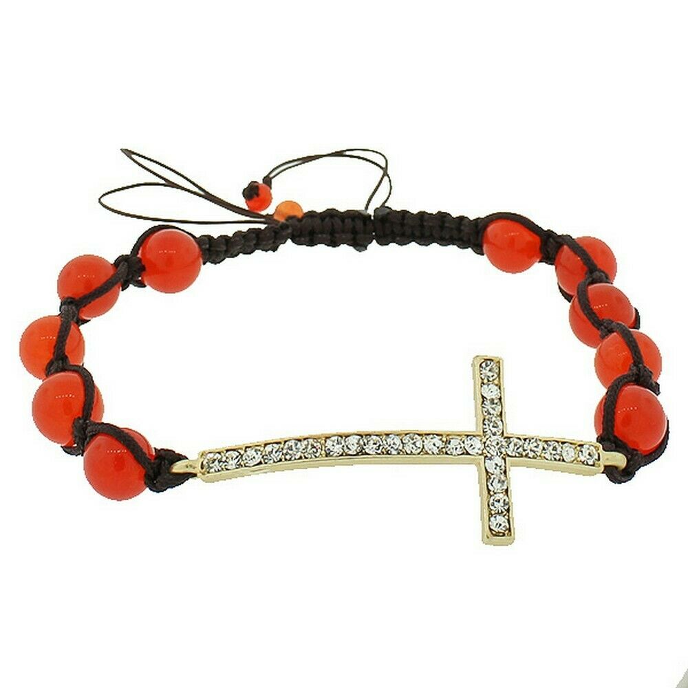 

Red Brown Gold Tone Cross White Crystals Macrame Beaded Adjustable Bracelet