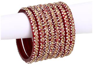 Red Color Glass Bangle Cum Kada Set Of Eight Decorative With Beads And Stone (with Safety Cum Gift Box)