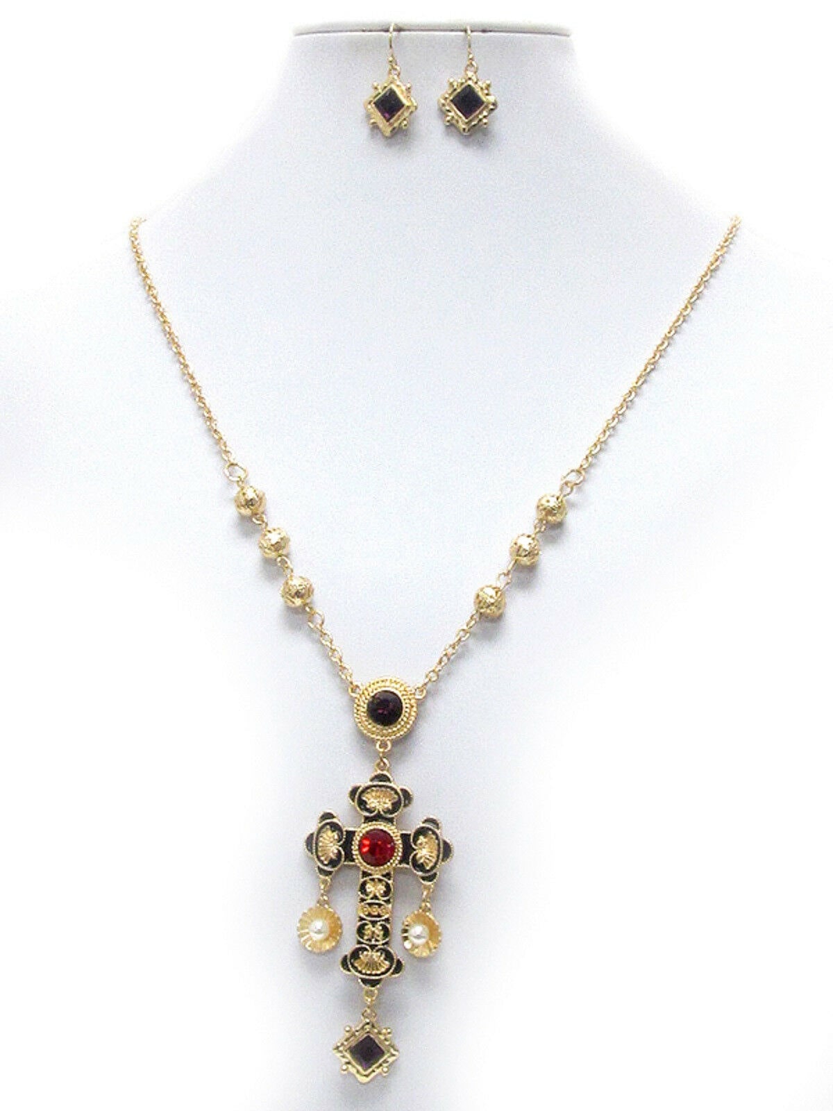 

Red Gold Black Crystal Cross Earring Necklace Set Handmade Jewelry Rhinestone
