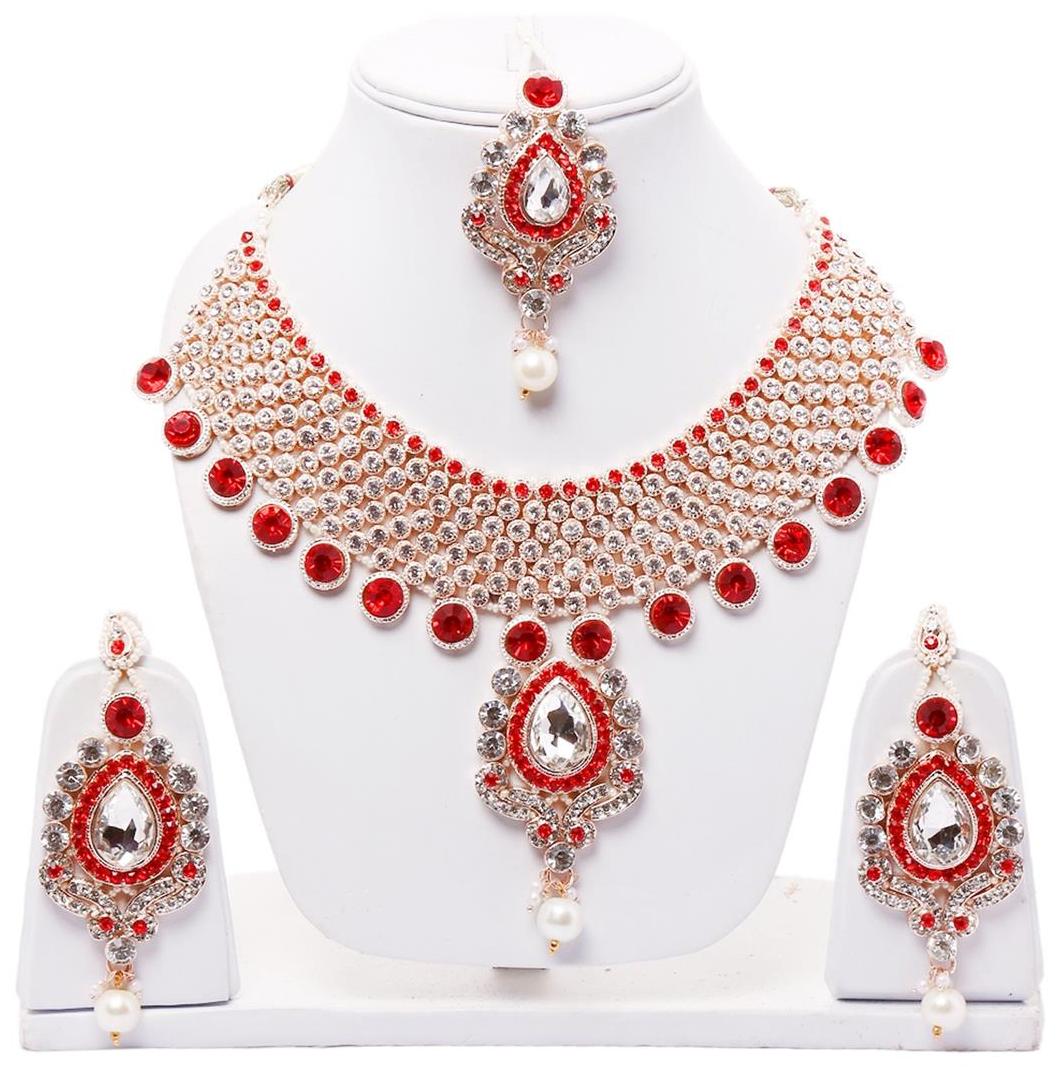 

Red Green Guluband Necklace Set With Maang Tika