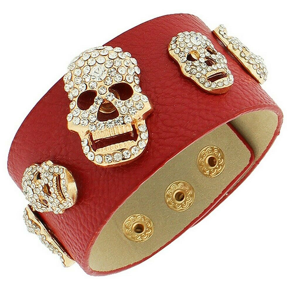 

Red Leather Gold Tone Fashion Scull Crystals CZ Womens Wristband Bracelet