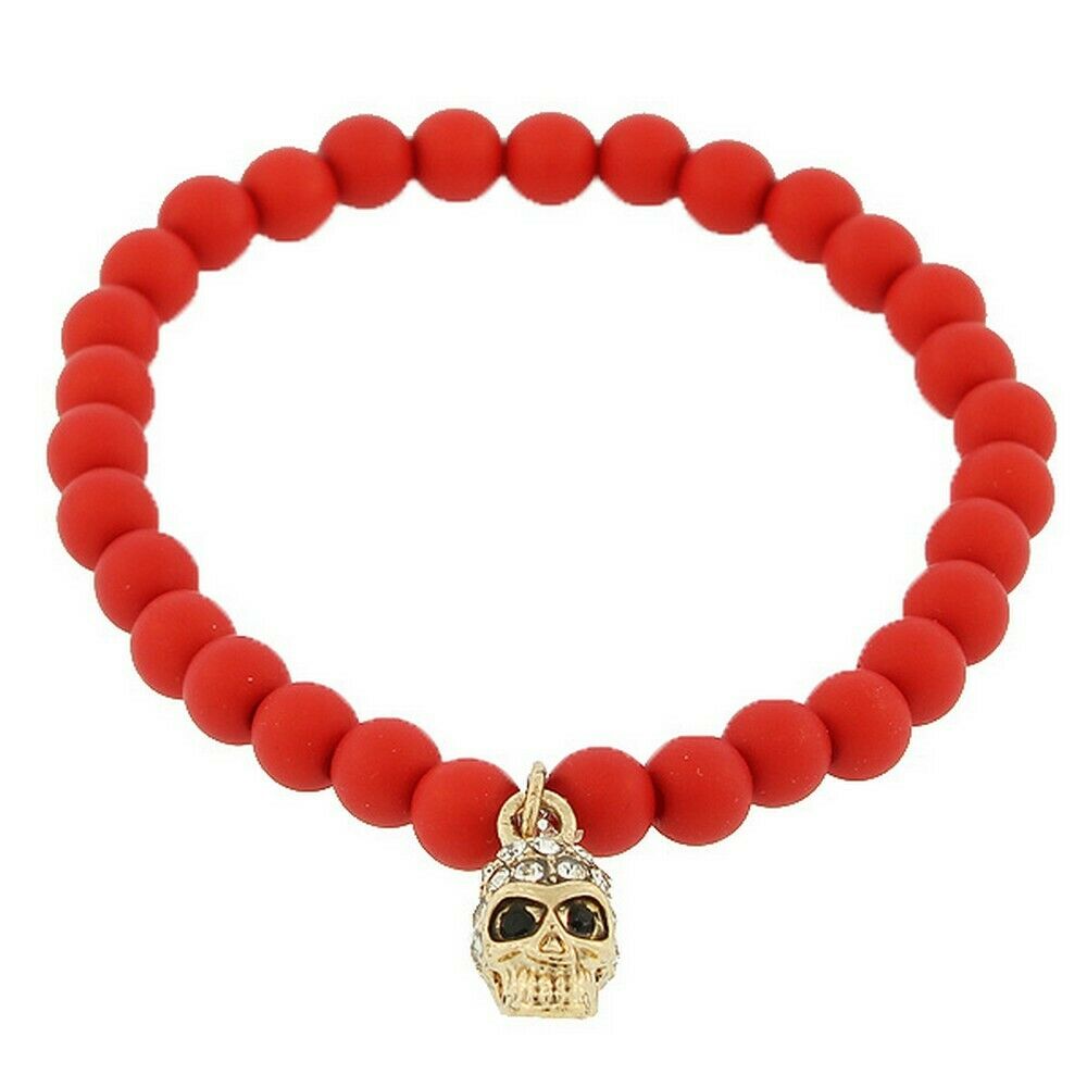 

Red White Black Crystals Yellow Gold Scull Beaded Stretch Womens Girls Bracelet